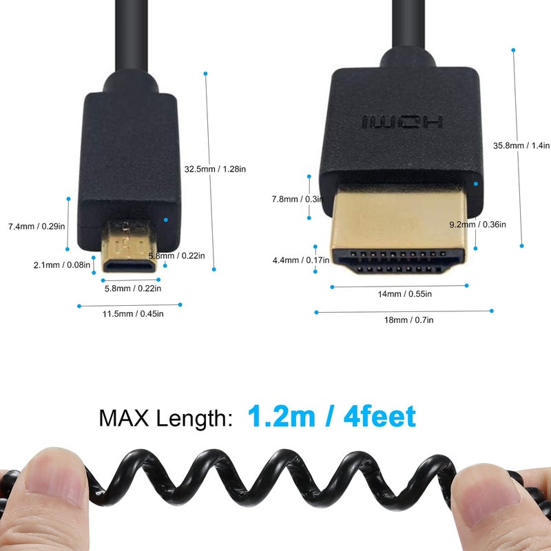 Duttek Micro HDMI to HDMI Coiled Cable 1FT-4FT, 4K@60Hz HDMI to Micro HDMI Adapter Cable Extreme Slim/Thin, 3D for Camera, DSLRs, Camcorders, Portable Screens, Raspberry Pi 5 4, GoPro Hero 7/6 - Image 5
